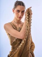 Women's Organza Lightweight Lace Work Saree With Art Silk Sequence Work Golden Unstitched Blouse Piece - Image 3