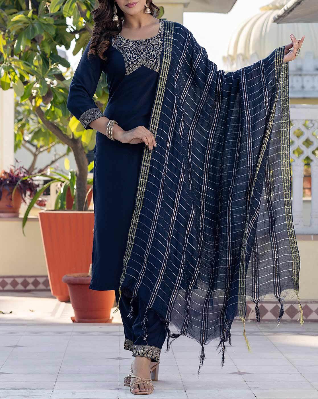 1117Wx1400H-701358361-blue-MODEL.jpg Women Woven Yoke Straight Kurta Set - Image 1