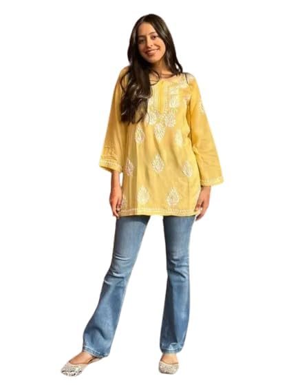 312cVFyQdLL.jpg Cotton Kurta for Women – Lakhnavi Chikankari Embroidered Ladies Kurti, Stylish Girls Top, Ethnic Half Kurtas, Tunic Design Woman Kurtis - Image 1
