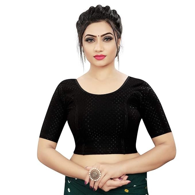 61-6JGoBmQL._SX679_.jpg Round Neck Dobby Cotton Lycra Stretchable Elbow Sleeve Readymade Saree Blouse for Women Stylish (Free Size) - Image 1