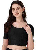 Round Neck Dobby Cotton Lycra Stretchable Elbow Sleeve Readymade Saree Blouse for Women