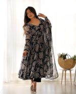 Women's Heavy Pure Soft Georgette Anarkali V-neck Long Sleeve Kurti With Matching Pant and Digital Printed Work Heavy Matching Dupatta Set. - Image 2